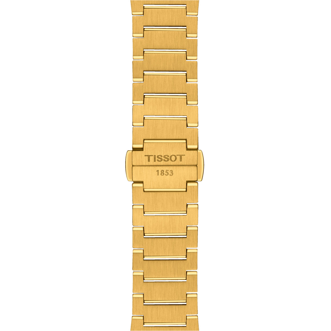 A close-up of the Tissot PRX Quartz 35mm Watch reveals its gold watch band with interlocking rectangular links and a brushed finish. The center clasp shines with elegance, and the timepiece is enhanced with Yellow Gold PVD Coating for added durability.