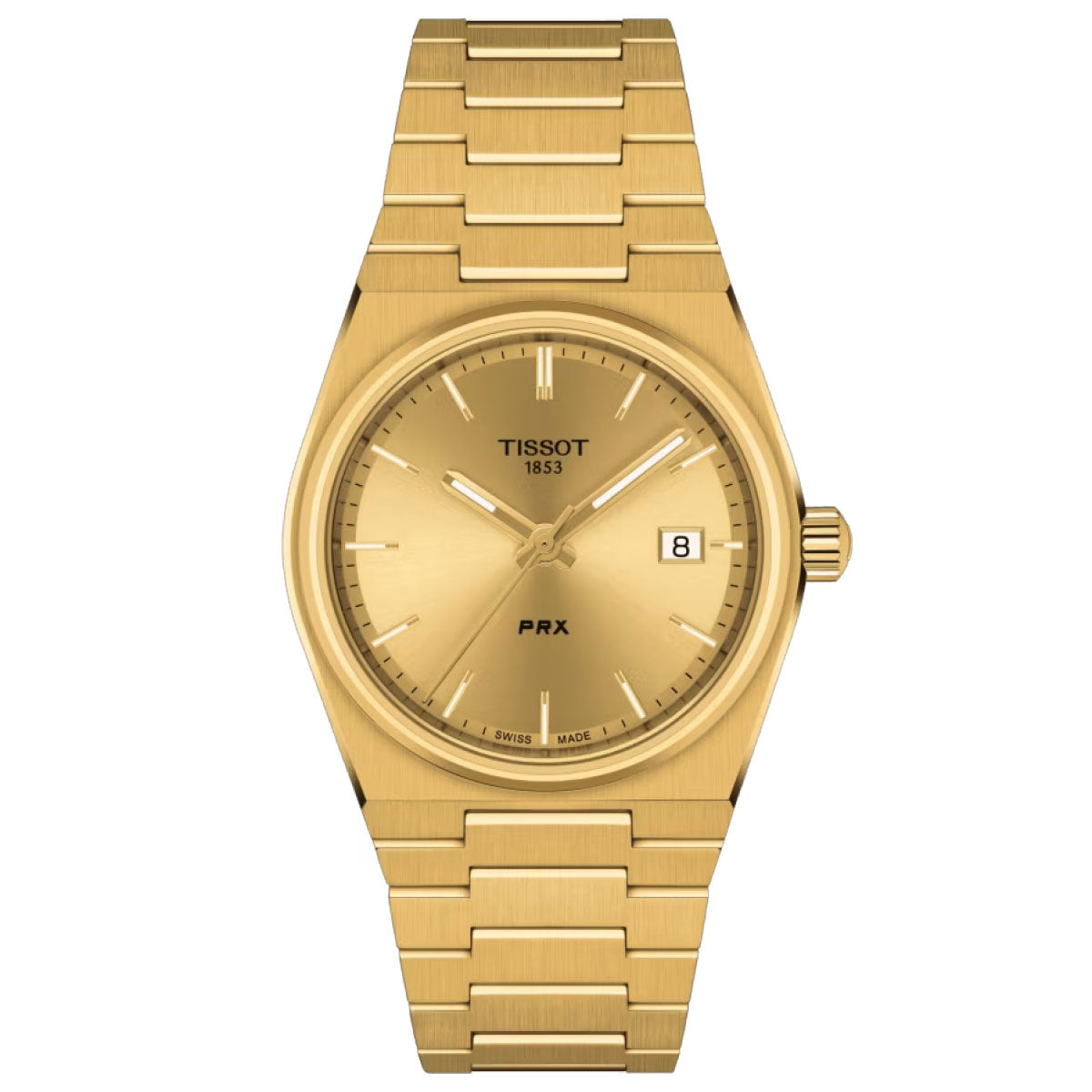 The Tissot PRX Quartz 35mm Watch in gold features a metallic band and a round face with slim hour markers, a date window on the right, and "Tissot 1853" displayed at the top. Its sleek, modern design includes Swiss Quartz Movement and Scratch Resistant Sapphire Crystal for enhanced durability.