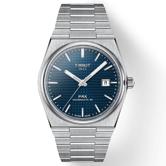 A Tissot PRX Powermatic 80 Automatic 40mm Watch crafted from silver stainless steel, showcasing a blue textured dial with Swiss automatic movement. This elegant watch features silver hour markers, a date window at the 3 o'clock position, a scratch-resistant sapphire crystal, and an integrated bracelet that contributes to its classic design.