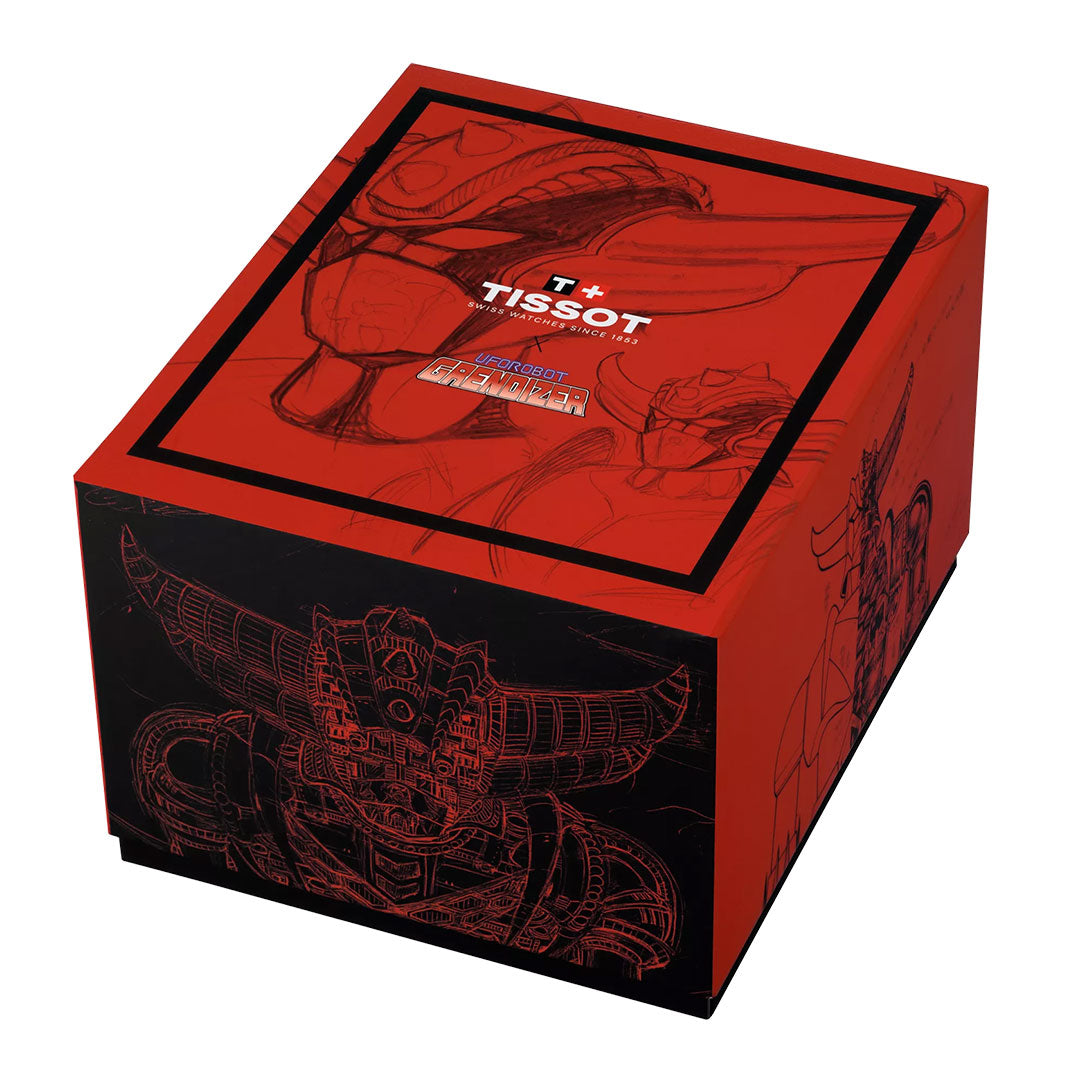 A red Tissot box with black sketches of a horned robot, Mazinger Z branding, and the Tissot logo—an ideal collectible for manga fans or owners of the Tissot PRX UFO Robot Grendizer Powermatic 80 Automatic 40mm Watch.