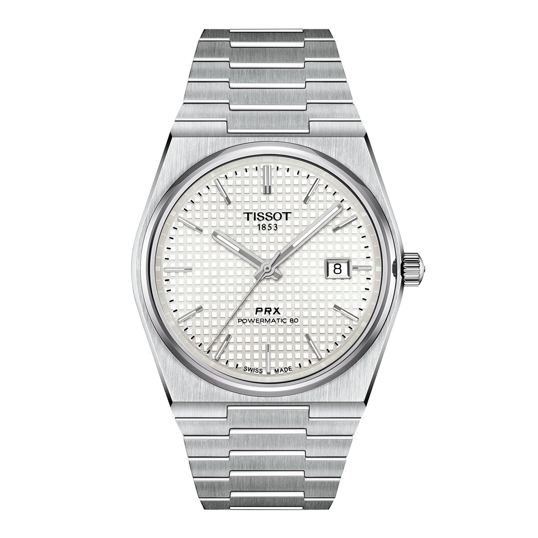 The Tissot PRX Powermatic 80 Automatic 40mm Watch showcases a textured white dial with a date window at 3 o’clock, set in a silver stainless steel case and bracelet, and is equipped with a Nivachron hairspring for superior precision and reliability.