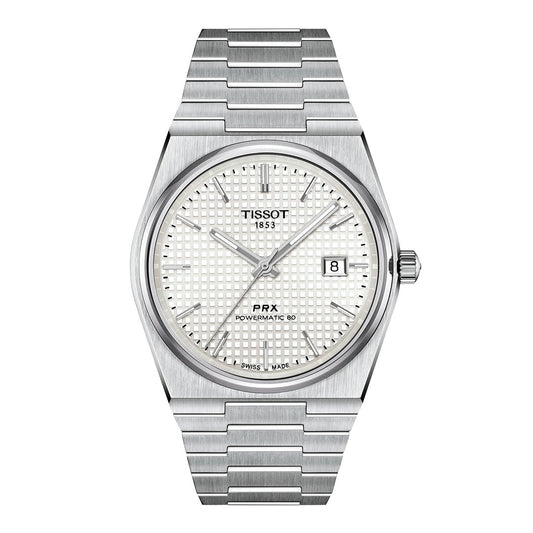 The Tissot PRX Powermatic 80 Automatic 40mm Watch showcases a textured white dial with a date window at 3 o’clock, set in a silver stainless steel case and bracelet, and is equipped with a Nivachron hairspring for superior precision and reliability.