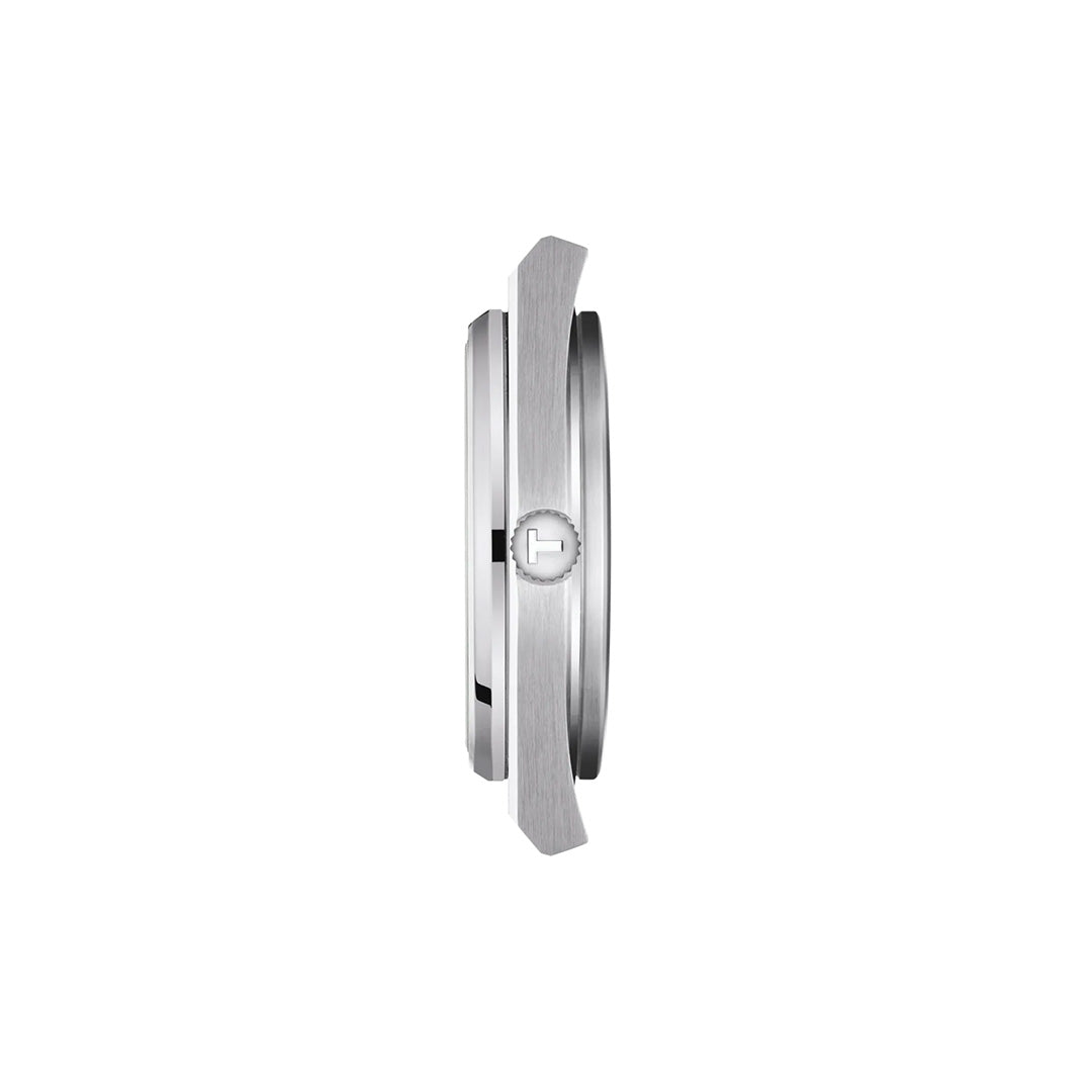 Side view of the Tissot PRX Powermatic 80 Automatic 40mm Watch in silver, showcasing its circular case, slim profile, and a central round crown. This elegant Tissot timepiece features advanced Nivachron hairspring technology and is displayed against a plain white background.