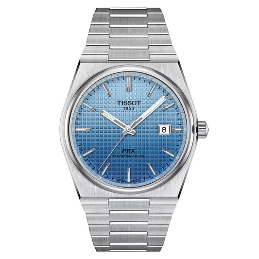 The Tissot PRX Powermatic 80 Automatic 40mm Watch combines style with function, featuring a silver stainless steel bracelet, round gradient blue dial, silver hour markers and hands beneath sapphire crystal, plus a date display at 3 o'clock.