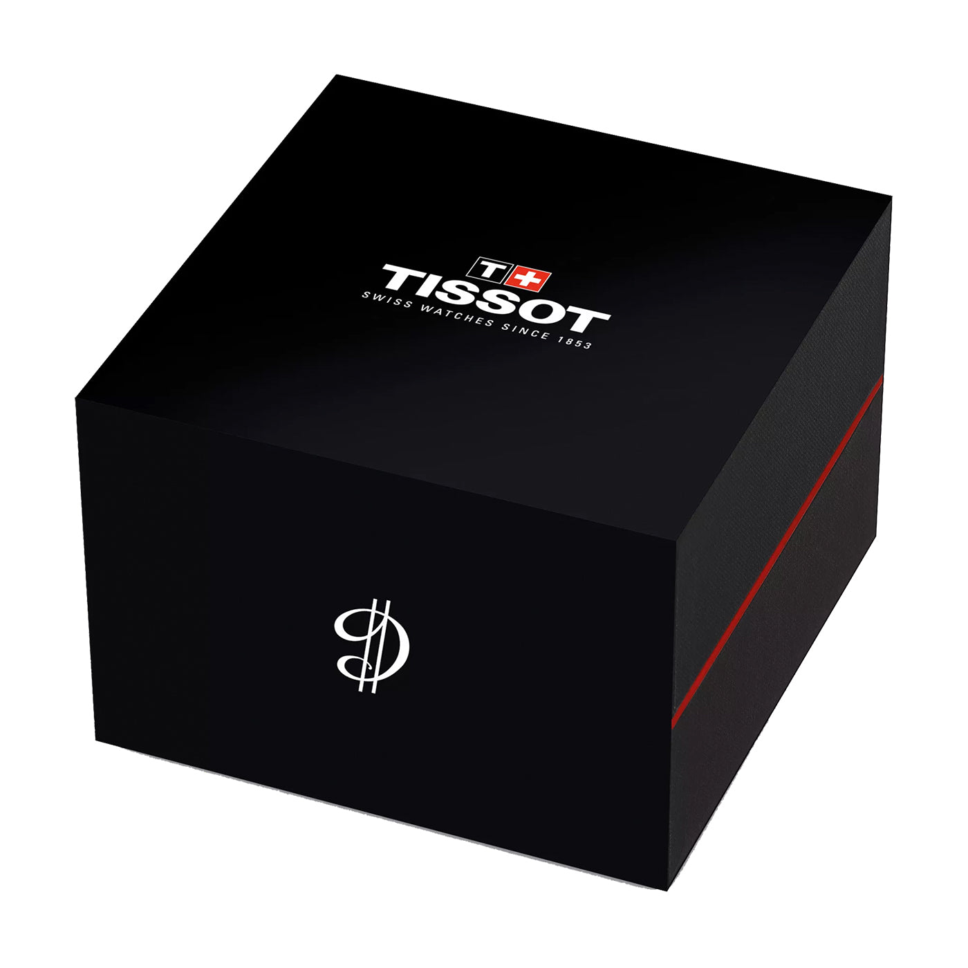 The Tissot PRX Powermatic 80 Damian Lillard Special Edition watch comes in a black square box with a red line at the bottom. It features the Tissot logo with a red and white cross, celebrates "Swiss Watches Since 1853," and has a white dollar sign on the front side.