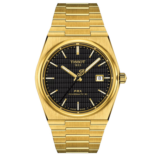 The Tissot PRX Powermatic 80 Automatic 40mm Watch Damian Lillard Special Edition features a black textured dial with gold hour markers and hands, a date display at 3 o'clock, and an elegant gold metal bracelet, ideal for Dame Time enthusiasts.