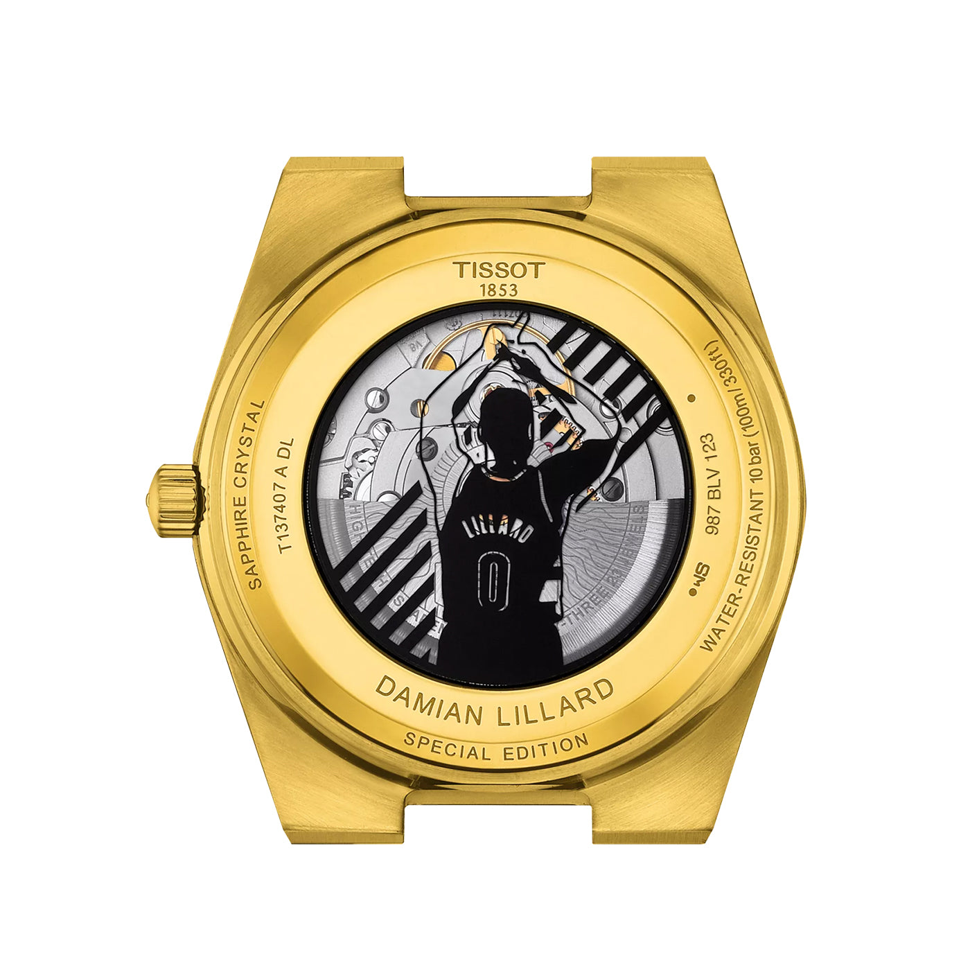 The image displays the back of the Tissot PRX Powermatic 80 Automatic 40mm Watch Damian Lillard Special Edition, featuring a basketball player in jersey number 0. The gold-tone case is inscribed with "Damian Lillard," embodying Dame Time.