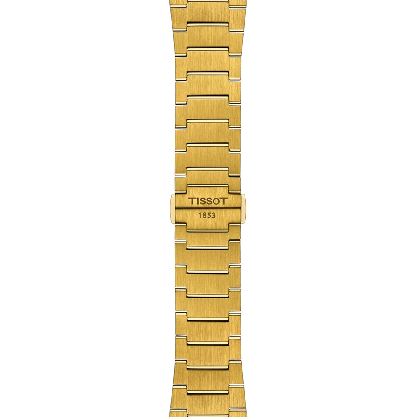 The Tissot PRX Powermatic 80 Automatic special edition watch features a gold-toned bracelet with rectangular links. "Tissot" and "1853" are elegantly engraved on the clasp, honoring the precision of Dame Time.