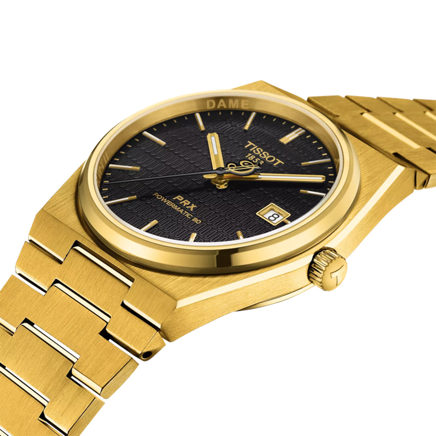 The Tissot PRX Powermatic 80 Automatic 40mm Damian Lillard Special Edition showcases a gold finish with a black textured dial, gold markers and hands, date display at 3 o'clock, and a stylish gold metal bracelet. The gold bezel is inscribed with "Dame Time" in honor of Damian Lillard's iconic moments.