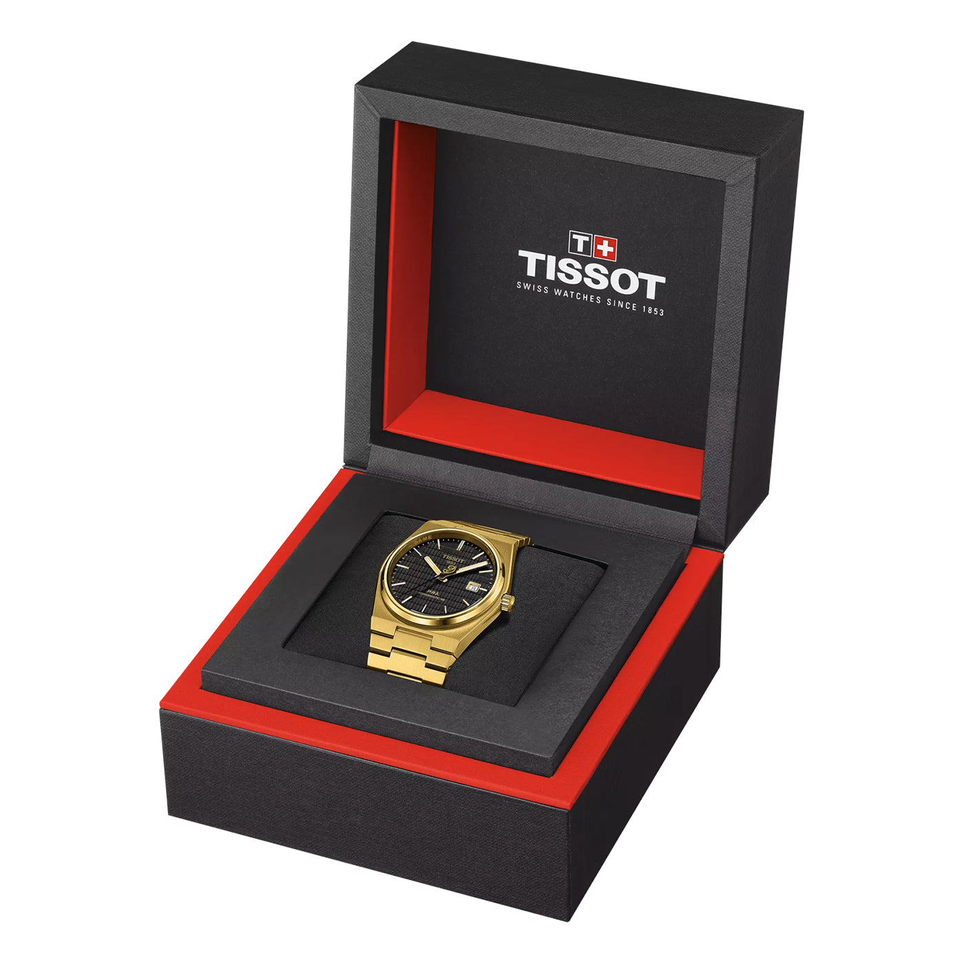 Inside a black and red Tissot box, the Tissot PRX Powermatic 80 Automatic 40mm Watch Damian Lillard Special Edition is elegantly displayed. It features a black dial with gold markers, alongside the Tissot logo and "Swiss Watches Since 1853," emphasizing its timeless craftsmanship.