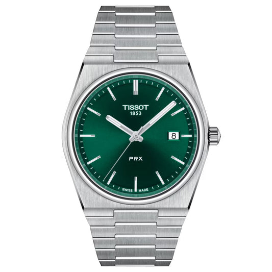 The Tissot PRX Quartz 40mm Watch features a Swiss Quartz Movement, a captivating green dial with silver hour markers, and a date display at 3 o'clock. It is crafted with a stainless steel case for water resistance and protected by a scratch-resistant sapphire crystal, and it comes with a coordinating metal bracelet for added style and durability.