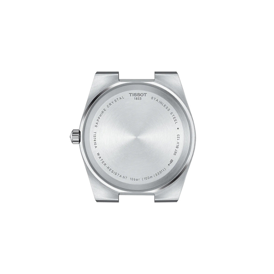 The back of the Tissot PRX Quartz 40mm Watch in silver showcases engravings indicating sapphire crystal, stainless steel construction, water resistance up to 100m/330ft, and model information. The crown is visible on the left side, emphasizing the distinctive 1978 case design by Tissot—available at Raffi Jewellers.