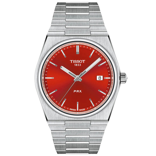 The Tissot PRX Quartz 40mm Watch features a vibrant red dial, Swiss Quartz movement, silver hour markers, date window at 3 o’clock, and a silver stainless steel bracelet.