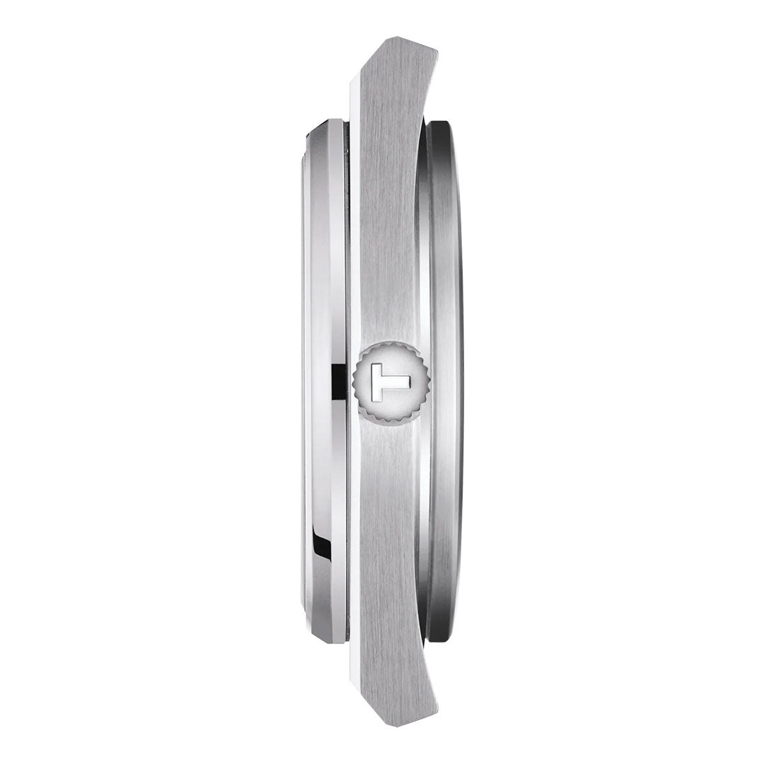 Side view of the Tissot PRX Quartz 40mm Watch by Tissot, showing its engraved "T" crown and slim, brushed metal case—showcasing refined design and Swiss Quartz precision.