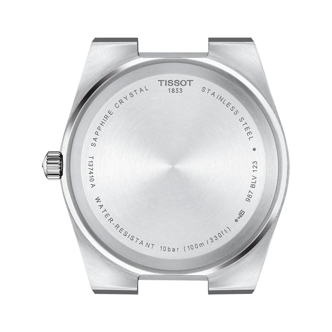 The back of the Tissot PRX Quartz 40mm Watch showcases engravings like "Tissot 1853," "Sapphire Crystal," "Stainless Steel," water resistance, and Swiss Quartz movement—ideal for design fans.
