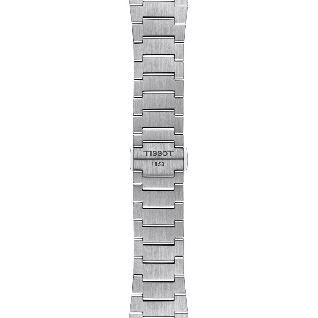 Close-up of the Tissot PRX Quartz 40mm Watch’s silver stainless steel bracelet with "TISSOT 1853" on the clasp. It boasts a brushed metal finish, Swiss Quartz movement, and rectangular links—ideal for design lovers.