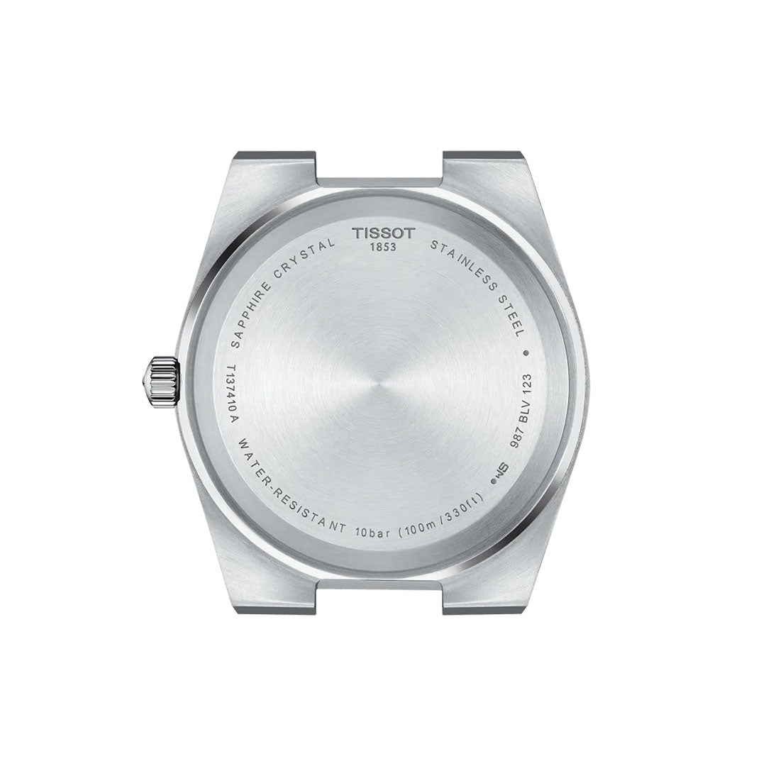 Back view of the Tissot PRX Quartz 40mm Watch stainless steel case, showing engraved Tissot branding, water resistance (10 bar/100m/330ft), sapphire crystal, model info, and Swiss Quartz movement. No band or dial is visible.