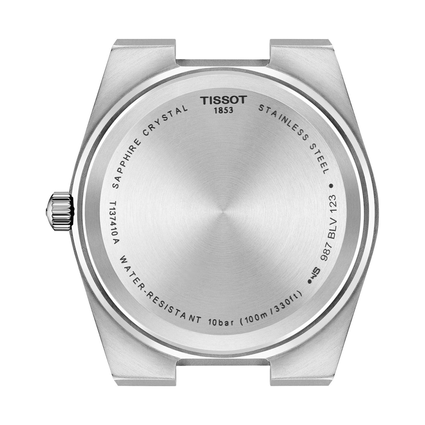 The Tissot PRX Quartz 40mm watch back showcases a modern-vintage style with engravings: "TISSOT 1853", "STAINLESS STEEL", "SAPPHIRE CRYSTAL", "WATER-RESISTANT 10 bar", and "SWISS MADE". Model numbers are also visible.