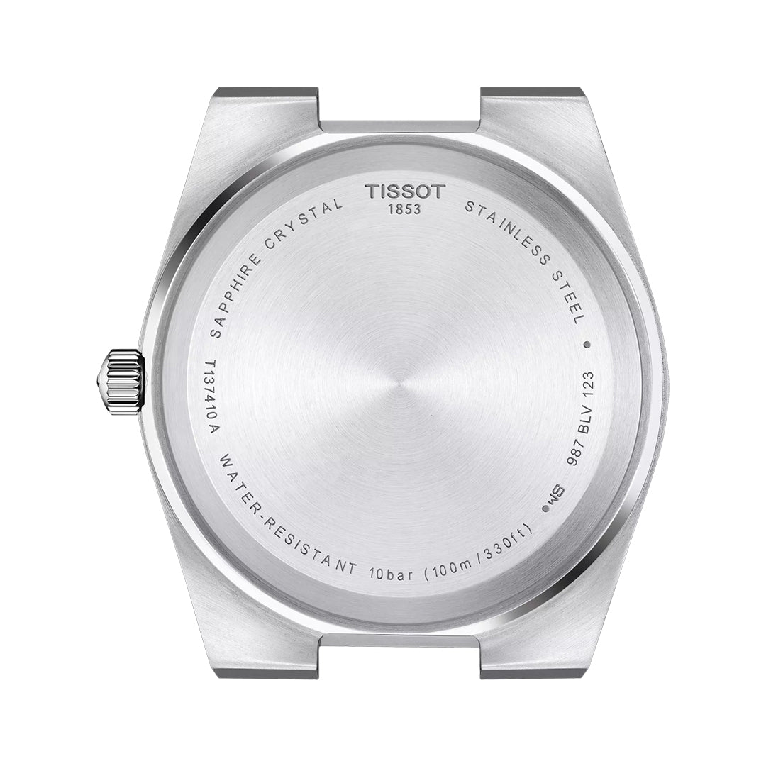 The Tissot PRX Quartz 40mm Watch features a silver stainless steel case with engraved details like water resistance and model numbers, a ridged crown, sapphire crystal, and precise Swiss Quartz movement—all reflecting Tissot’s modern-vintage style.