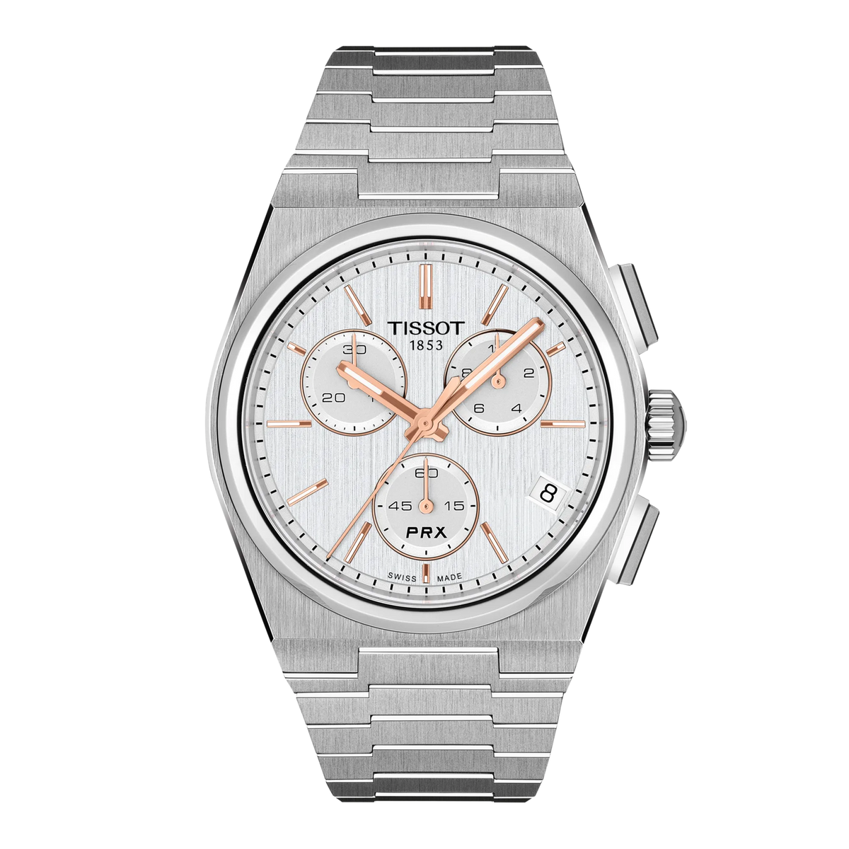 Tissot PRX Chronograph Quartz 41mm Watch in silver-toned stainless steel with a white dial, rose-gold hands, hour markers, and an integrated link bracelet.