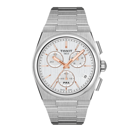 Tissot PRX Chronograph Quartz 41mm Watch in silver-toned stainless steel with a white dial, rose-gold hands, hour markers, and an integrated link bracelet.