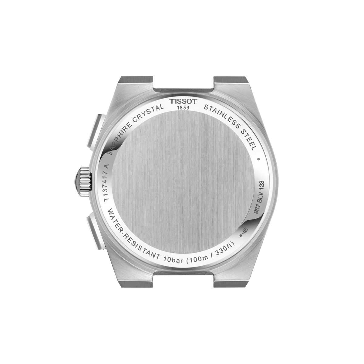 The metallic case back of a Tissot PRX Chronograph Quartz 41mm Watch, showing engravings for water resistance, material, and sapphire crystal.