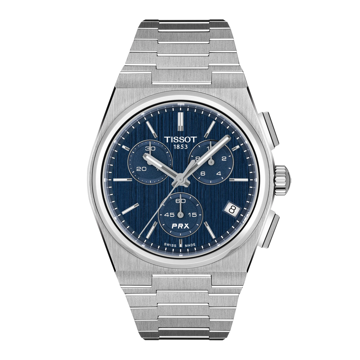 Tissot PRX Chronograph Quartz 41mm Watch in stainless steel with a textured blue dial, three sub-dials, a date window, and an integrated metal link bracelet.