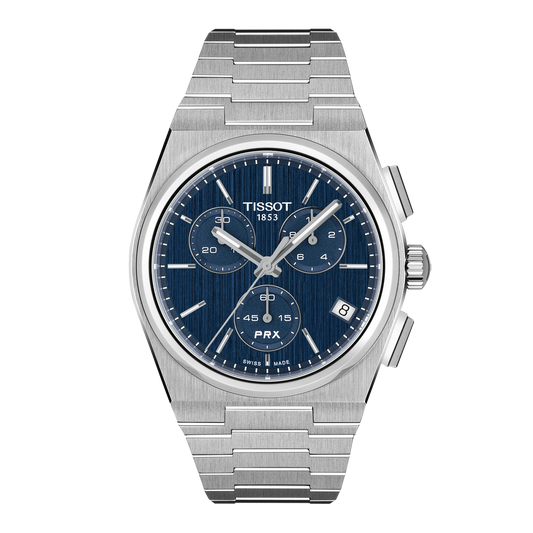 Tissot PRX Chronograph Quartz 41mm Watch in stainless steel with a textured blue dial, three sub-dials, a date window, and an integrated metal link bracelet.
