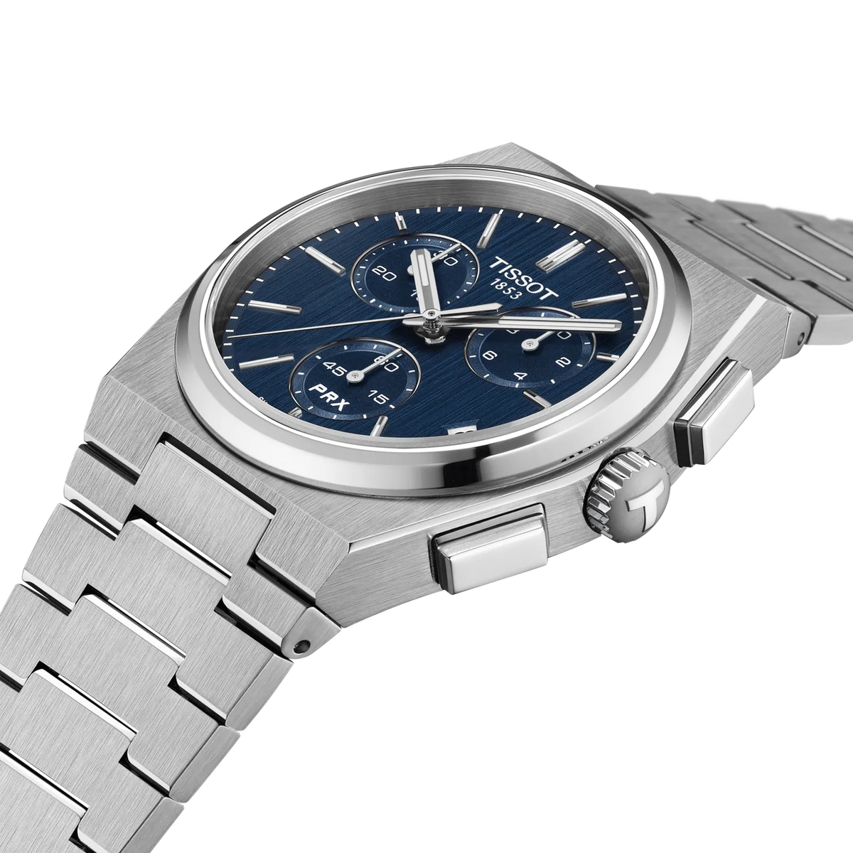 Tissot PRX Chronograph Quartz 41mm Watch in stainless steel featuring a blue dial, three sub-dials, and a link bracelet.
