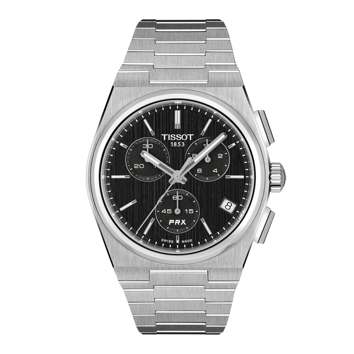 Tissot PRX Chronograph Quartz 41mm Watch in stainless steel with a black dial, three sub-dials, and an integrated link bracelet.