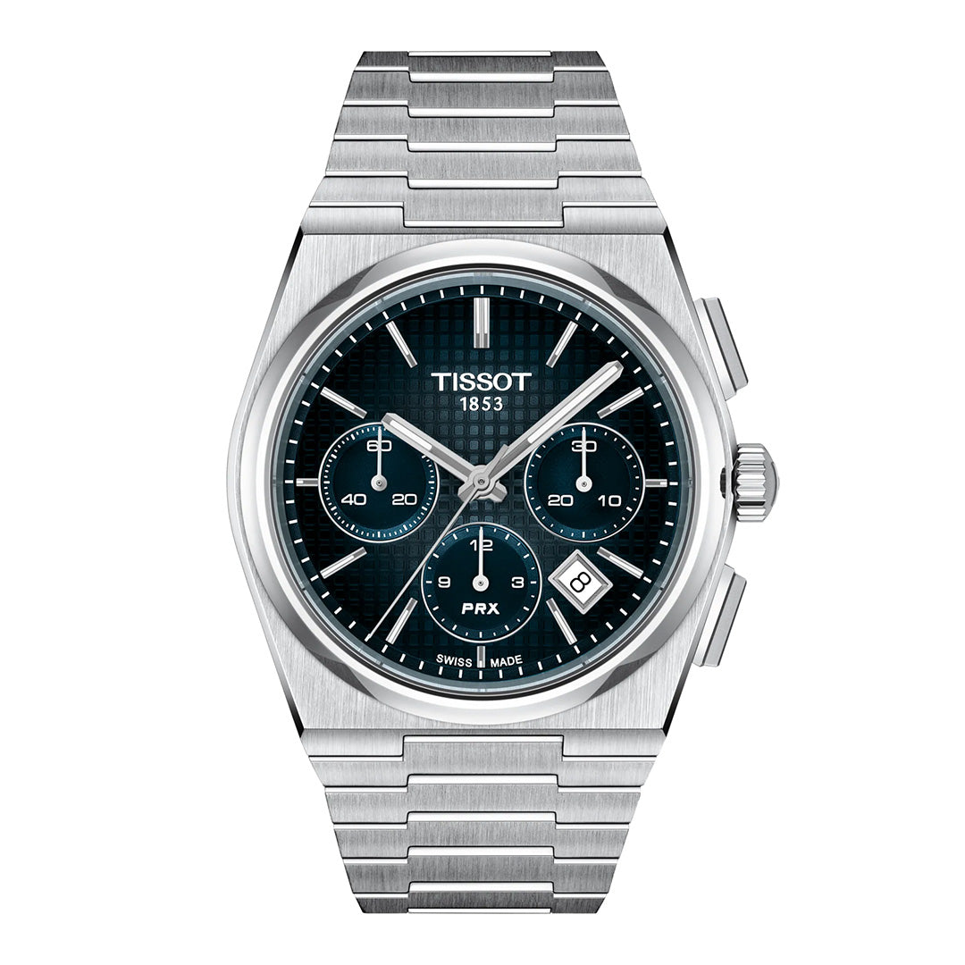 The Tissot PRX Automatic Chronograph 42mm Watch features a stunning blue patterned dial with three subdials and a date window, complemented by a stainless steel bracelet and durable steel case. The watch face displays the “TISSOT 1853” and “PRX” branding, while its sophisticated automatic chronograph movement offers exceptional precision and timeless style.