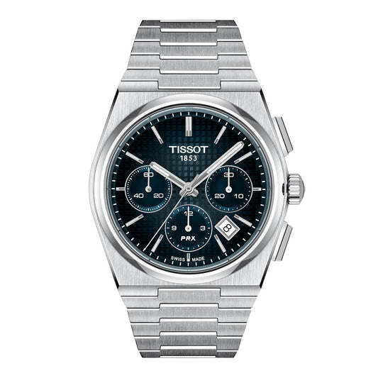 The Tissot PRX Automatic Chronograph 42mm Watch features a stunning blue patterned dial with three subdials and a date window, complemented by a stainless steel bracelet and durable steel case. The watch face displays the “TISSOT 1853” and “PRX” branding, while its sophisticated automatic chronograph movement offers exceptional precision and timeless style.