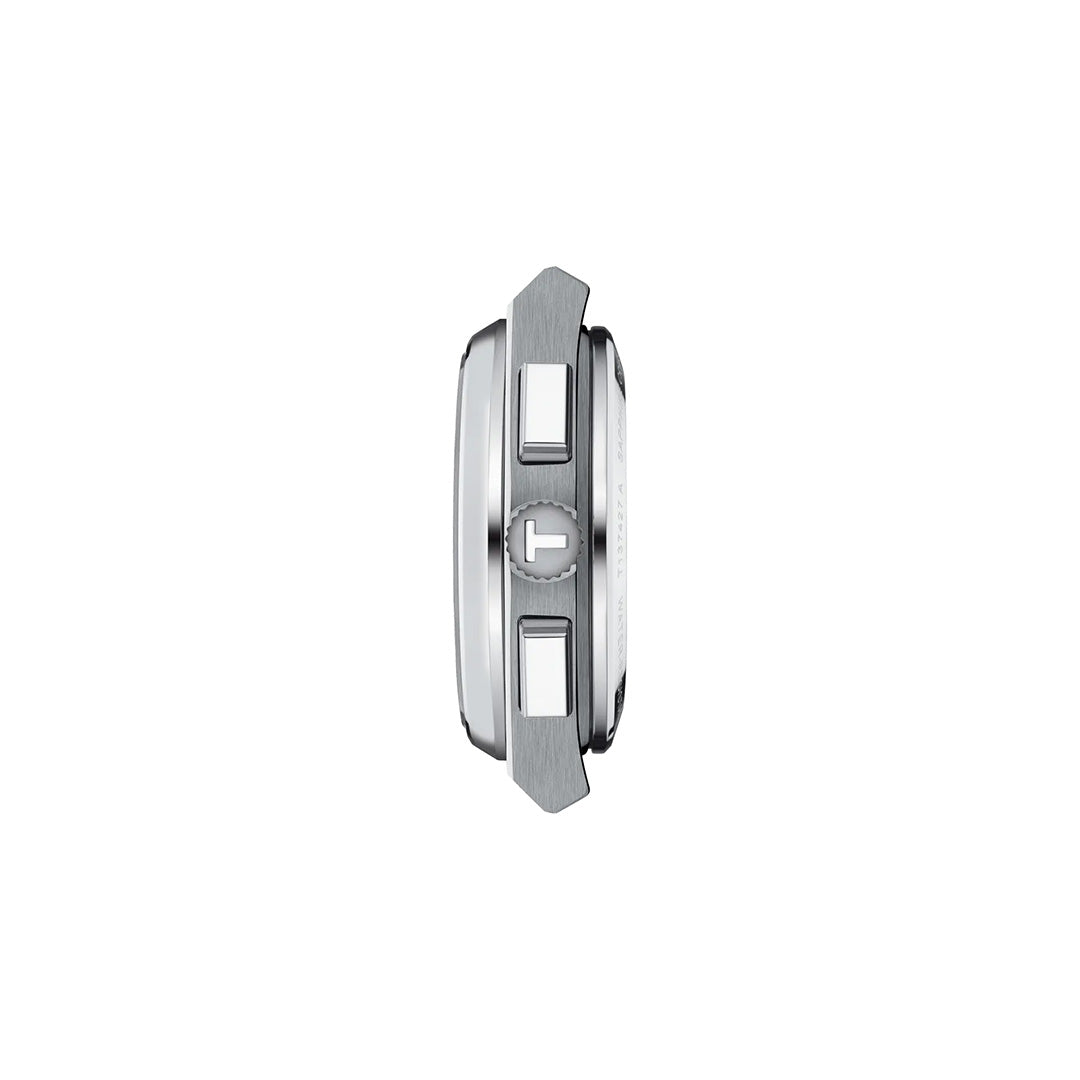 Side view of the Tissot PRX Automatic Chronograph 42mm watch, featuring a silver stainless steel case with two rectangular pushers and a round crown, set against a plain white background.