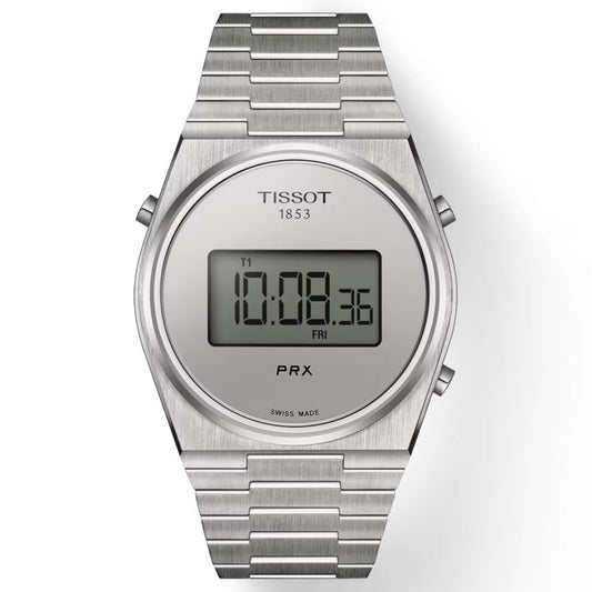 The Tissot PRX Digital Quartz 39.5mm Watch in silver showcases a retro aesthetic with its stainless steel band. Its round face displays the time "10:08:36" and day "Fri," elegantly featuring the words "Tissot 1853," "Swiss Made," and its model name, all powered by precise digital quartz technology.