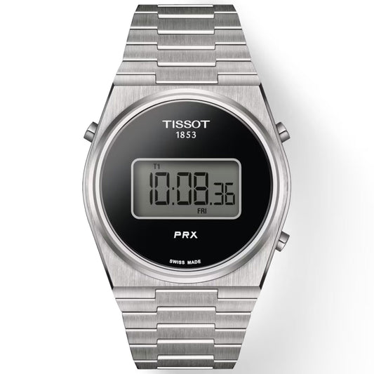 The Tissot PRX Digital Quartz 40mm Watch combines retro aesthetics with a stainless steel band and a sophisticated black face. It features a rectangular digital screen showing the time "10:08:36" and the day "FRI," along with markings of "TISSOT 1853," "PRX," and "SWISS MADE.