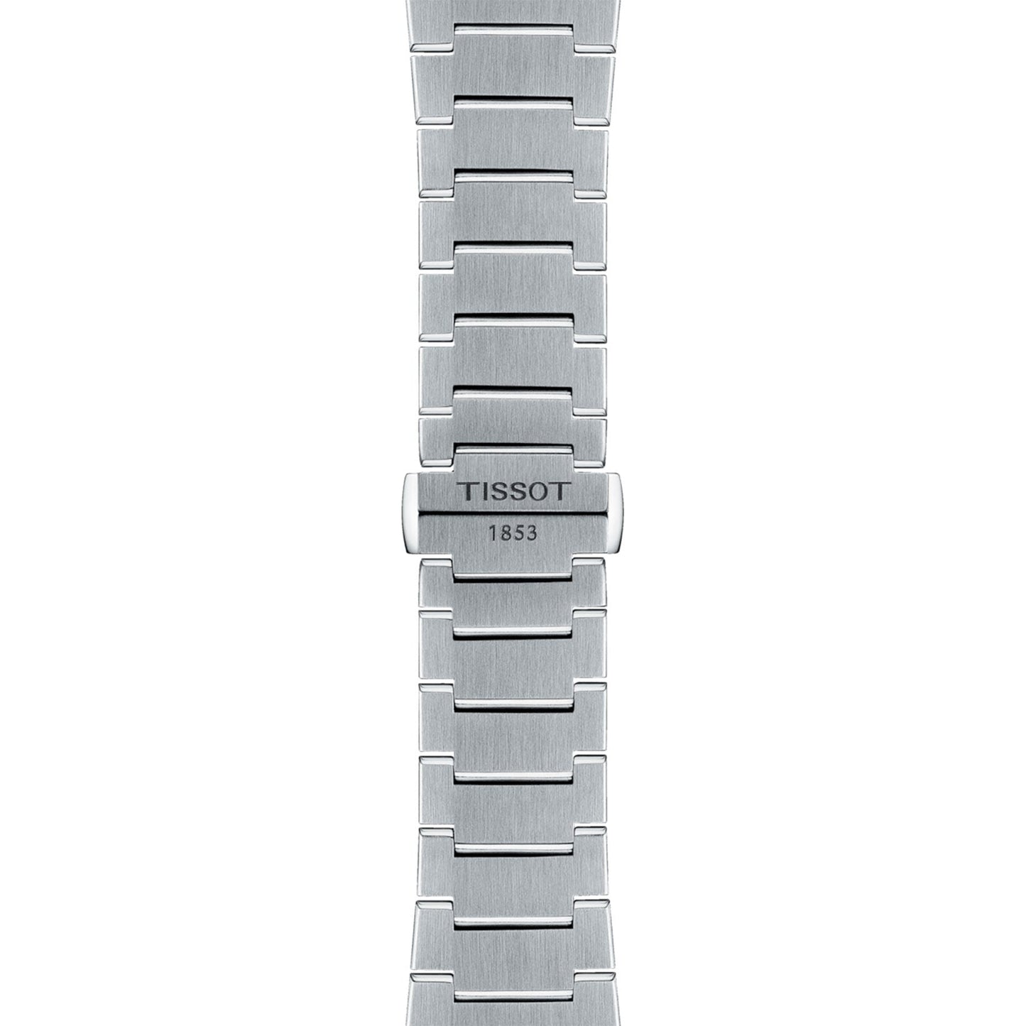 A close-up view of a silver metal watch strap with interlocking links highlights the retro aesthetics of the Tissot PRX Digital Quartz 40mm Watch. The clasp bears the hallmark of quality associated with Tissot since 1853.