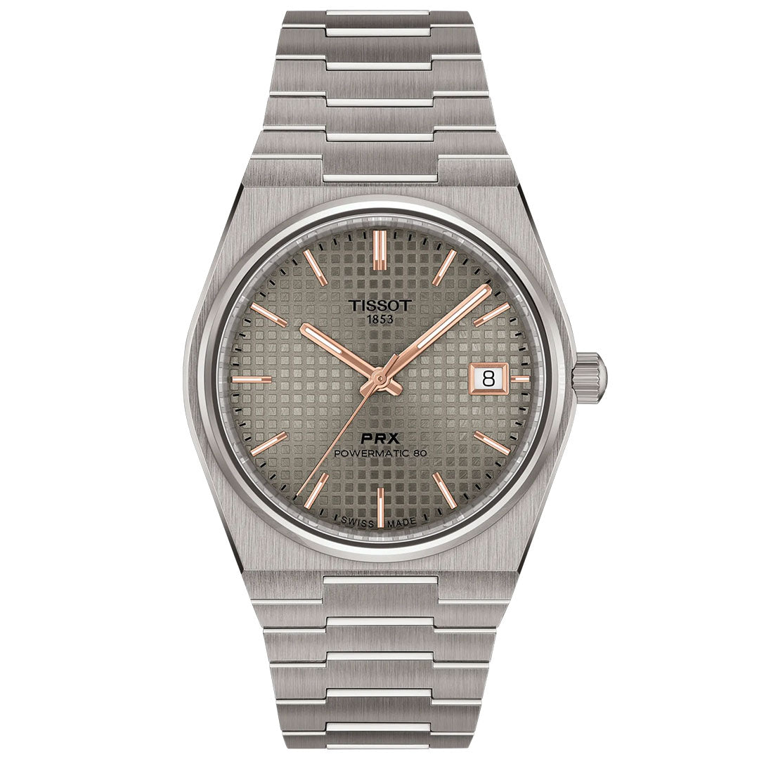 The Tissot PRX Titanium Powermatic 80 Automatic 38mm Watch features a titanium case, automatic movement, and sleek design—an exceptional addition to the Tissot collection.