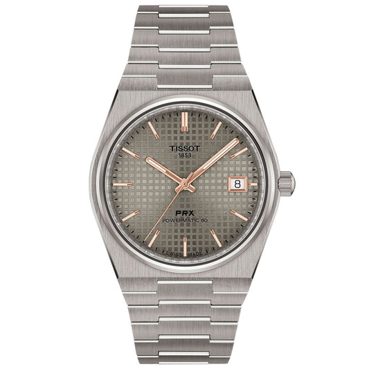 The Tissot PRX Titanium Powermatic 80 Automatic 38mm Watch features a titanium case, automatic movement, and sleek design—an exceptional addition to the Tissot collection.