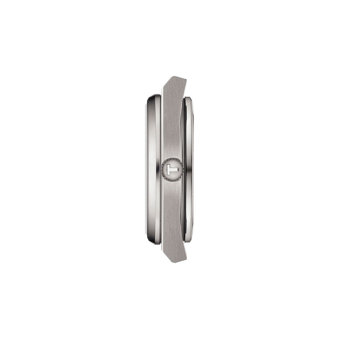 Side view of the Tissot PRX Titanium Powermatic 80 Automatic 38mm Watch in silver, featuring a round case and prominent logo crown, set against a plain white background.