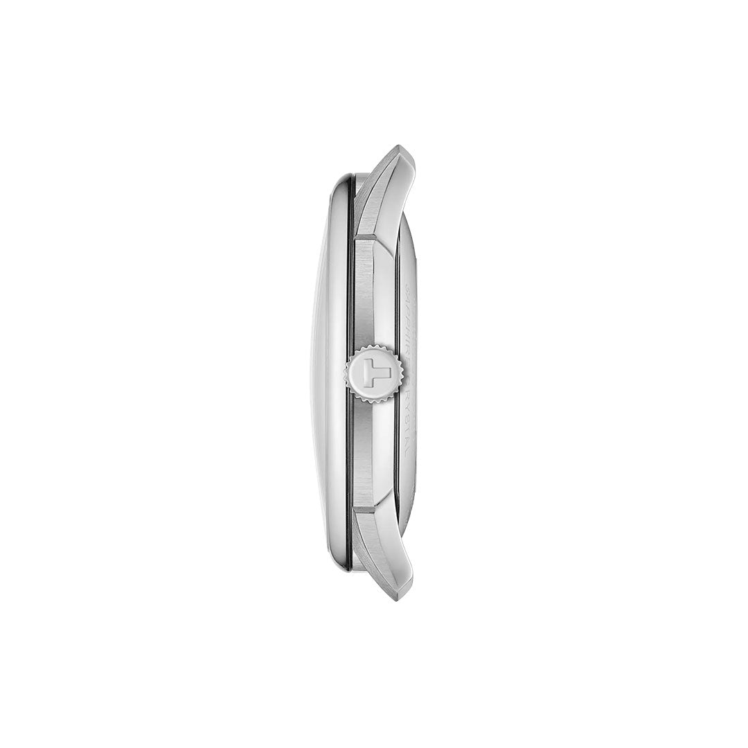Side view of the Tissot Chemin Des Tourelles Powermatic 80 Automatic 42mm Watch, showcasing a slim silver profile, polished metal casing, round crown, and durable sapphire crystal by Tissot against a plain white background.