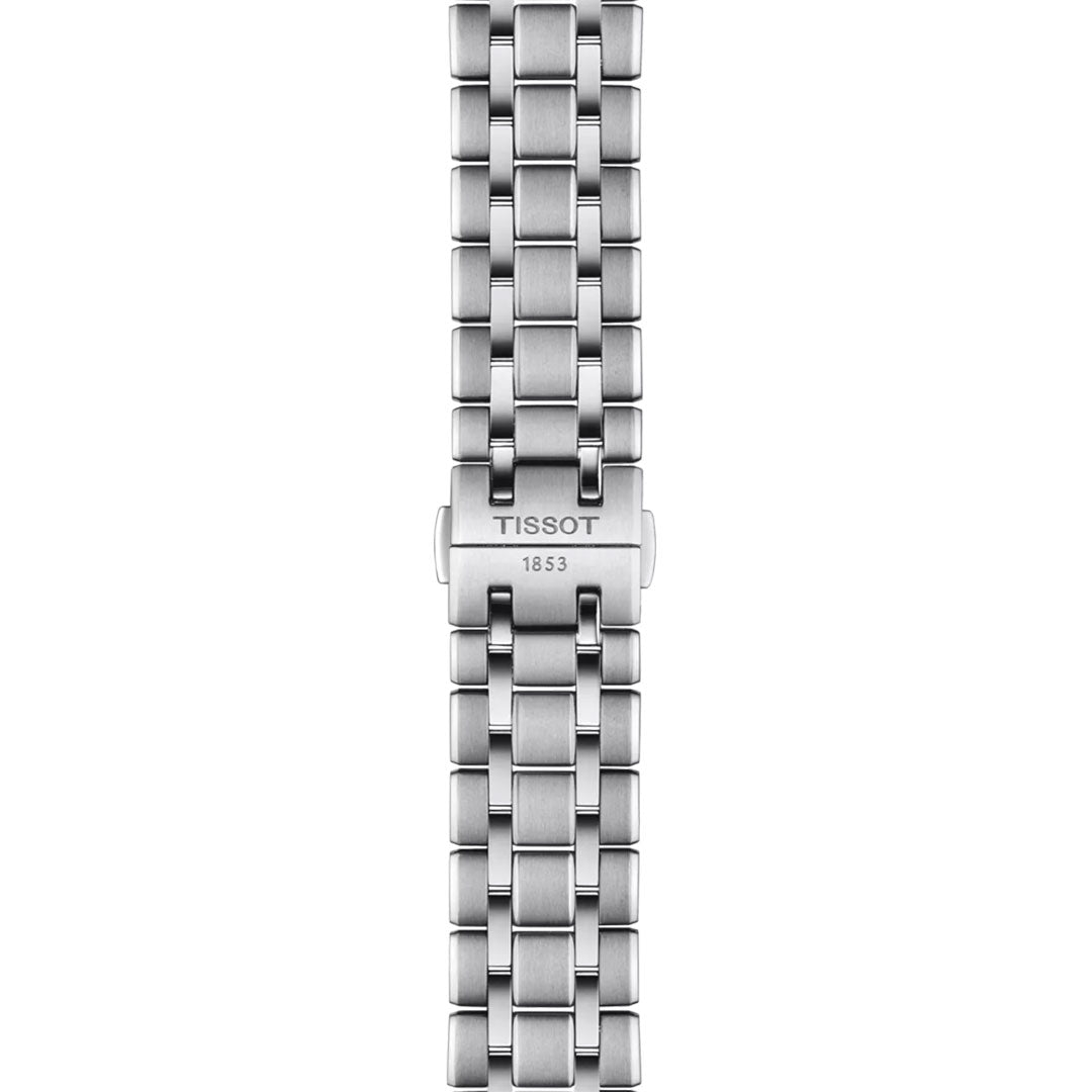 This stainless steel bracelet features polished and brushed links, a clasp engraved with "TISSOT 1853," and is expertly crafted to complement the Tissot Chemin Des Tourelles Powermatic 80 Automatic 42mm Watch.