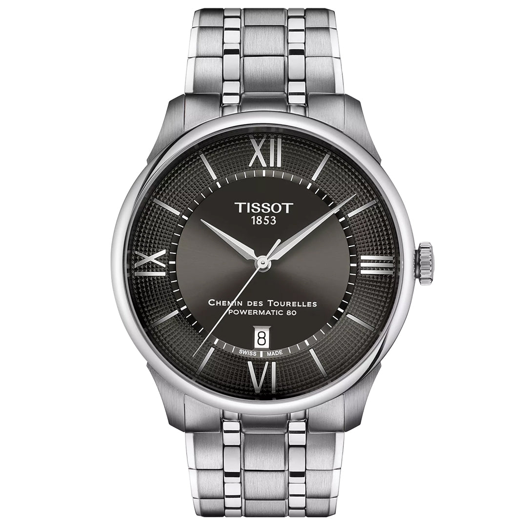 The Tissot Chemin Des Tourelles Powermatic 80 Automatic 42mm Watch features a stainless steel band, black textured dial, silver Roman numerals, date window at 6 o’clock, and an 80-hour power reserve.