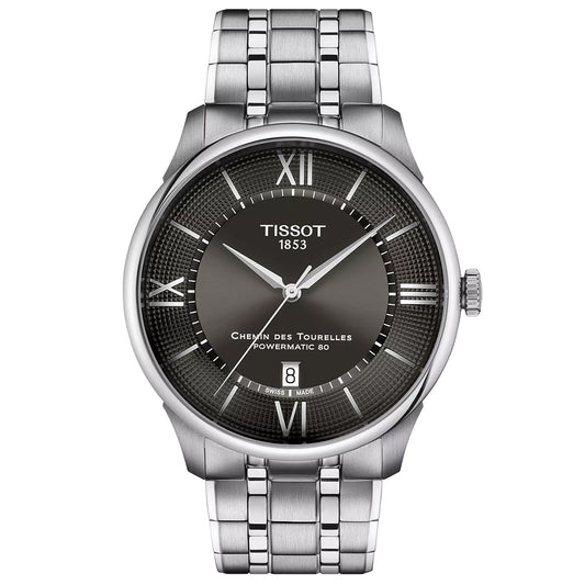 The Tissot Chemin Des Tourelles Powermatic 80 Automatic 42mm Watch features a stainless steel band, black textured dial, silver Roman numerals, date window at 6 o’clock, and an 80-hour power reserve.