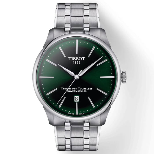 The Tissot Chemin Des Tourelles Powermatic 80 Automatic 42mm Watch includes a stainless steel bracelet and a dark green dial accented with silver hour markers and a date window at the 6 o'clock position. It features the Powermatic 80 movement, decorated with the text "Tissot 1853" alongside "Chemin des Tourelles.