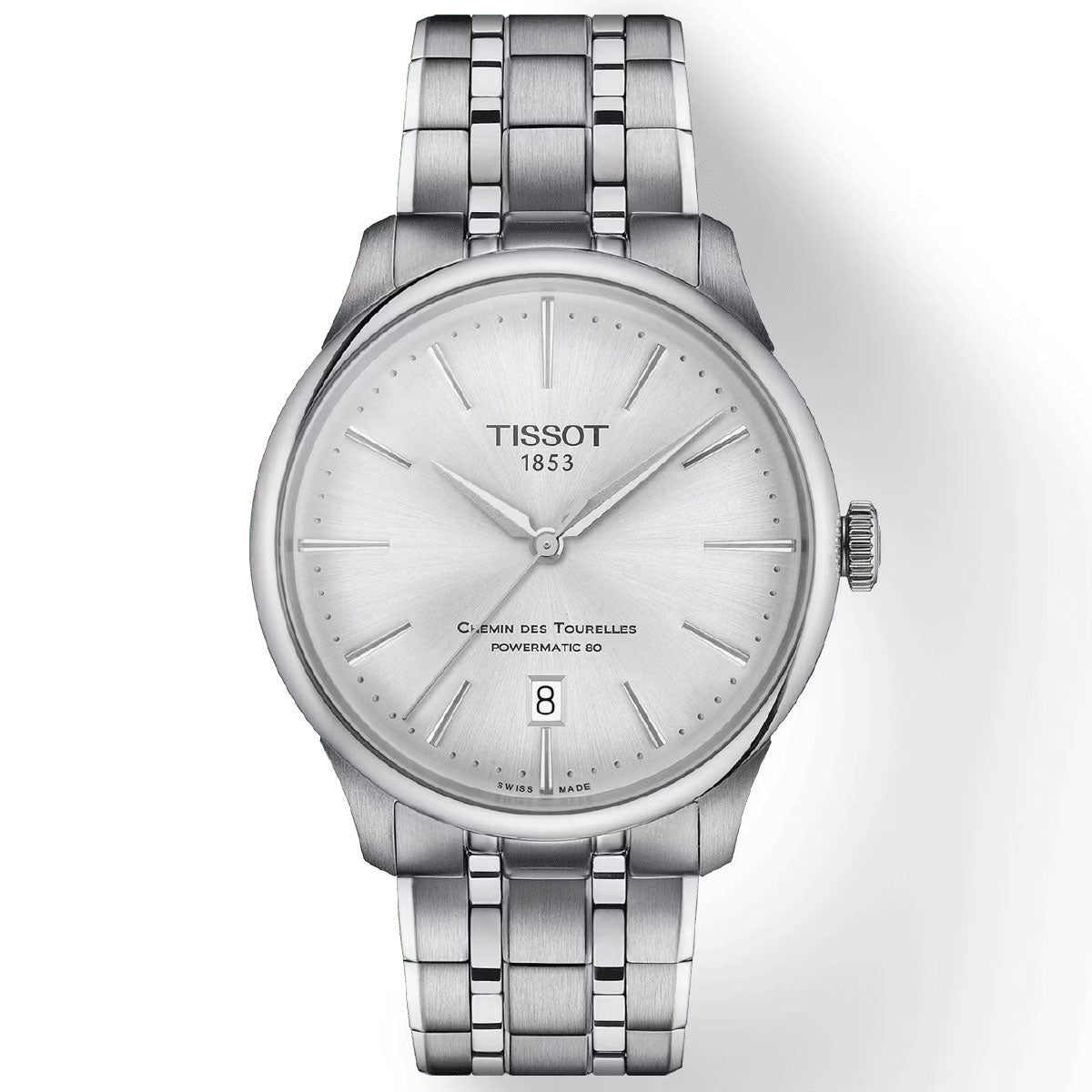 This Tissot Chemin Des Tourelles Powermatic 80 Automatic 39mm Watch comes in silver with a stainless steel band, a minimalist dial with thin hour markers, and the date positioned at six o'clock. It is adorned with "Tissot 1853" and "Chemin des Tourelles Powermatic 80," underscoring its Swiss Automatic Movement for precision and reliability.