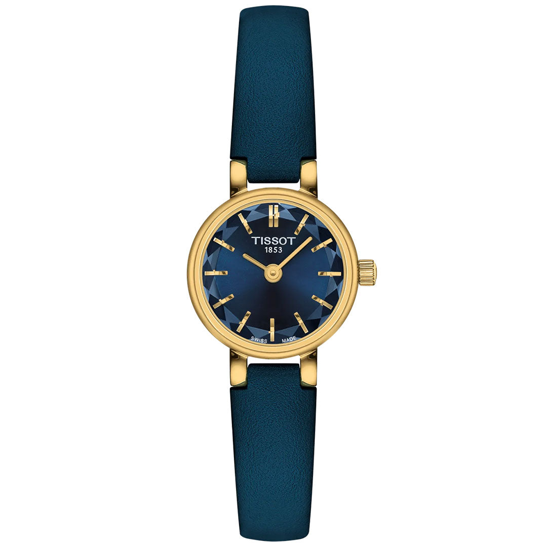 The Tissot Lovely Round Quartz 19.5mm women’s watch features a gold round case, blue dial, gold markers and hands, slim blue leather strap, durable sapphire glass, and “TISSOT 1853” on the face.