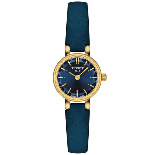 The Tissot Lovely Round Quartz 19.5mm women’s watch features a gold round case, blue dial, gold markers and hands, slim blue leather strap, durable sapphire glass, and “TISSOT 1853” on the face.