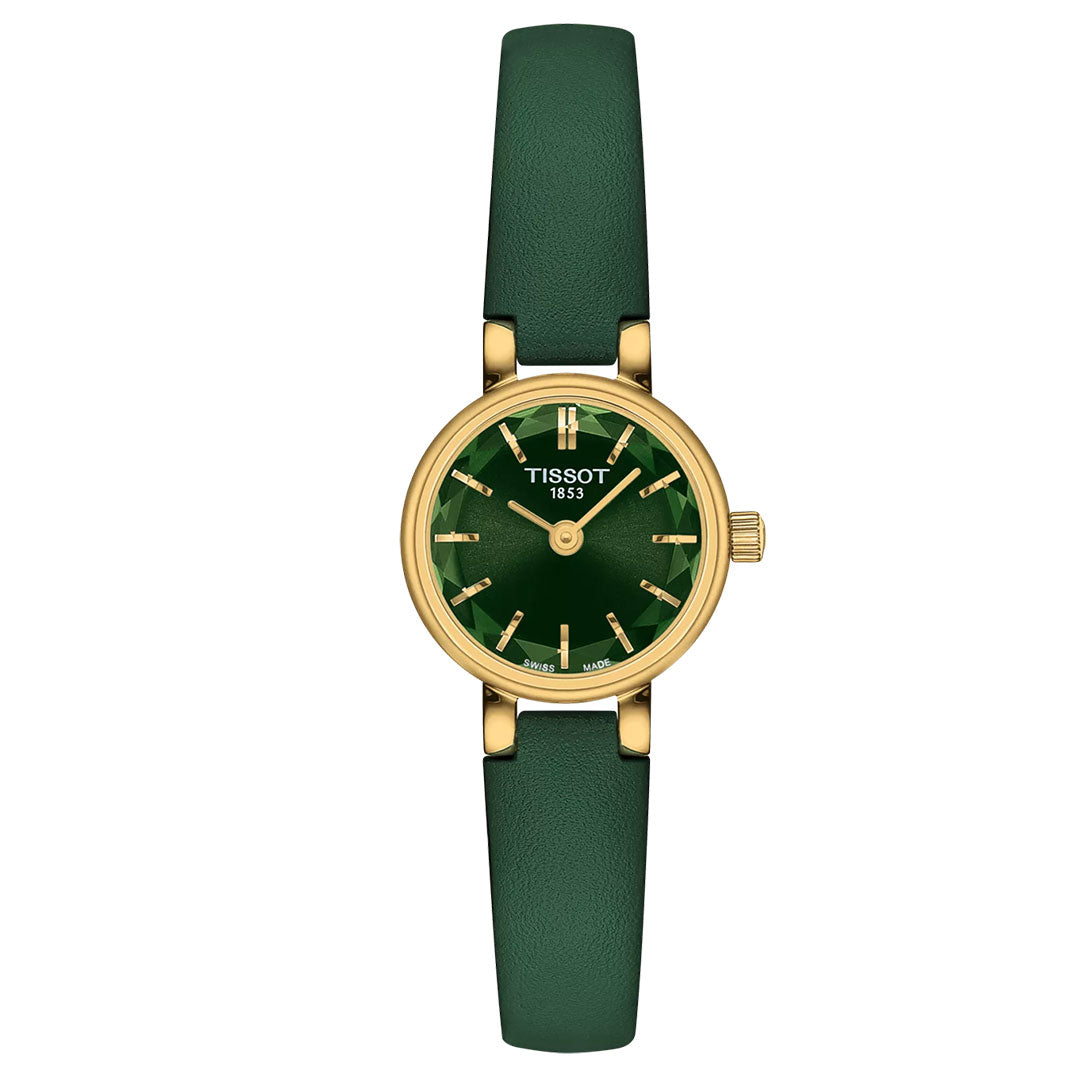 The Tissot Lovely Round Quartz 19.5mm Watch features a gold-tone case, green leather strap, and green sunray dial with gold hour markers and hands. "Tissot 1853" appears below the 12 o'clock position.