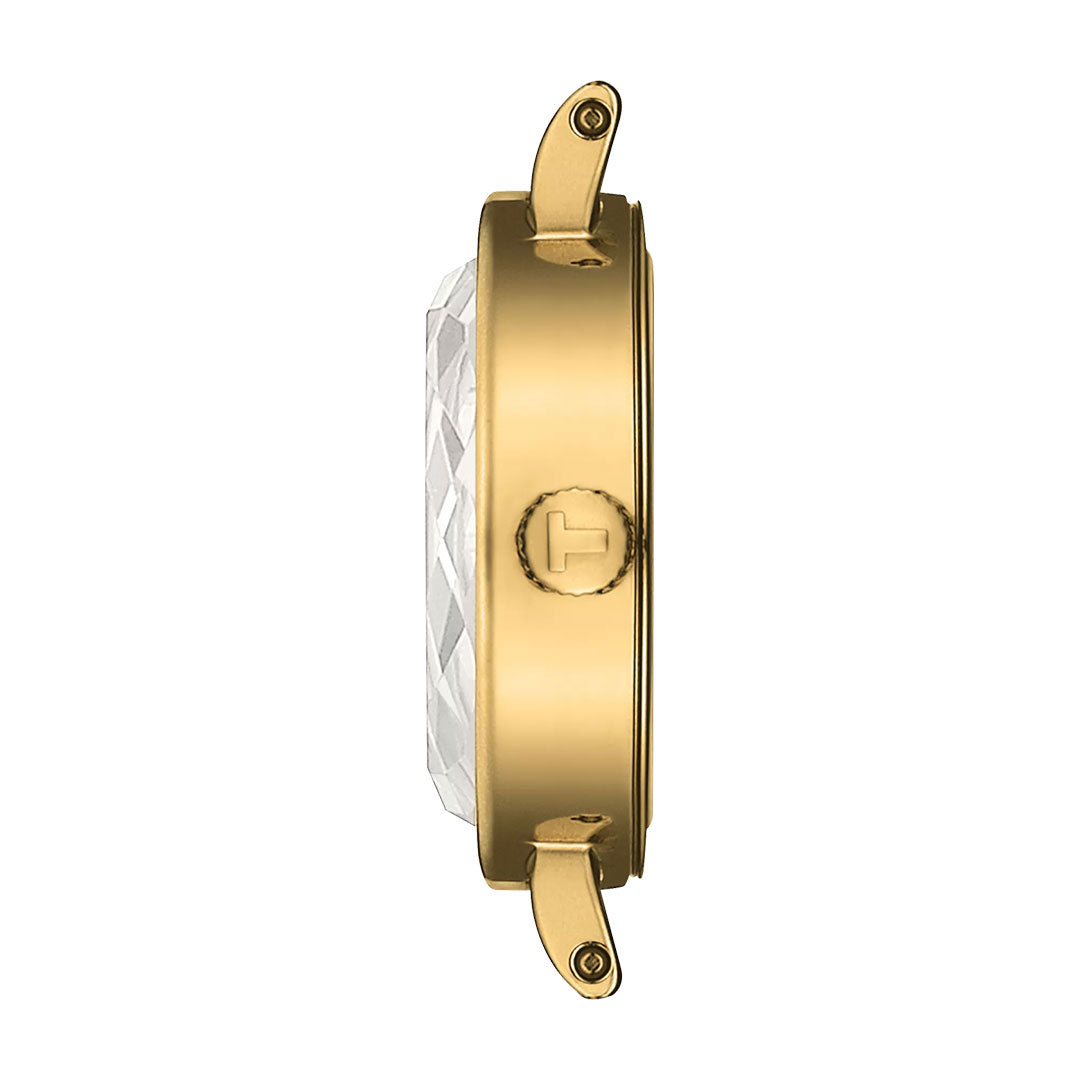 Side view of the Tissot Lovely Round Quartz 19.5mm Watch, featuring a gold case, faceted glass, green sunray dial, and two lugs for attaching a strap.