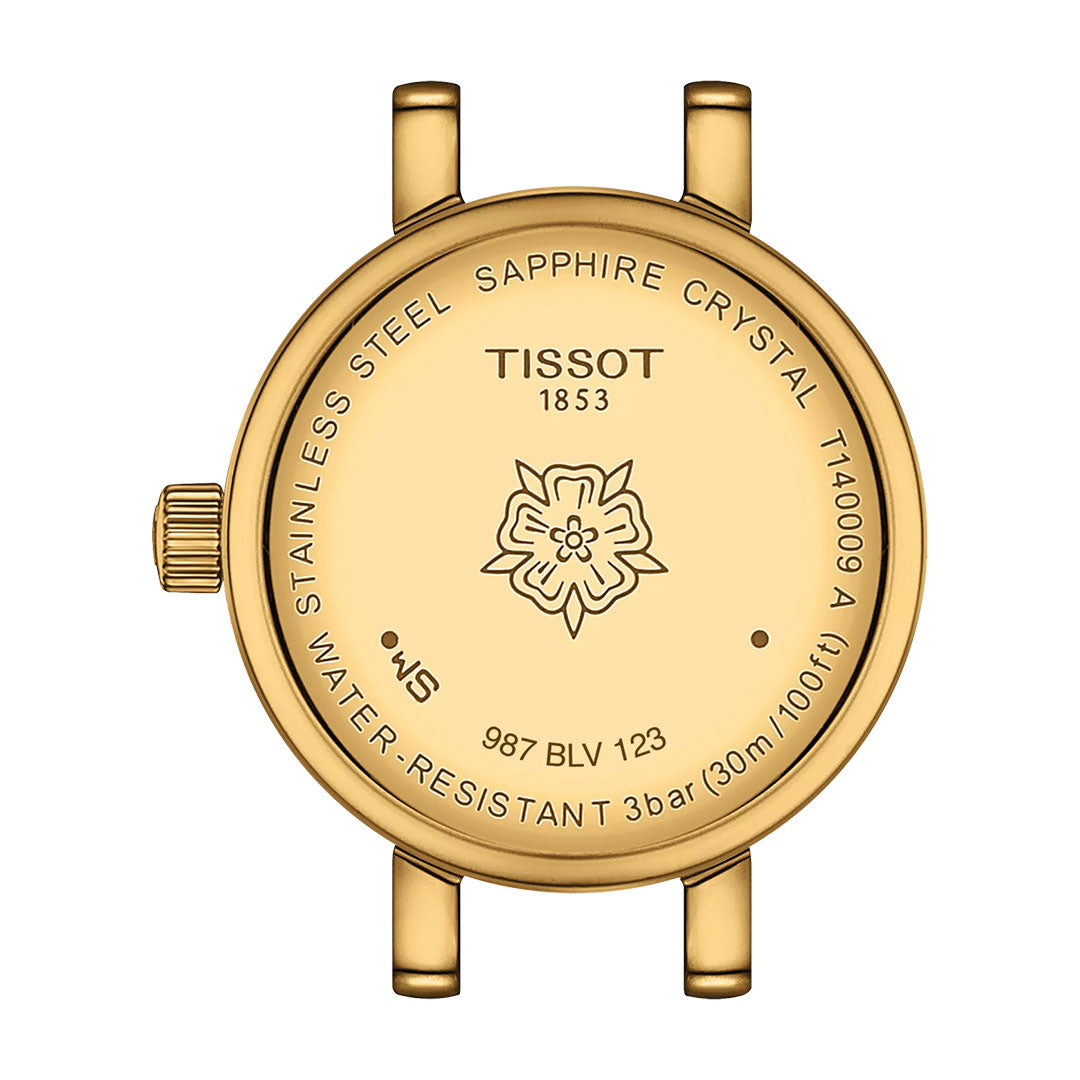 The Tissot Lovely Round Quartz 19.5mm watch features a gold-colored case back with a floral design, engraved brand name, stainless steel and sapphire details, Swiss Quartz movement, 3 bar/30m water resistance, and serial numbers.